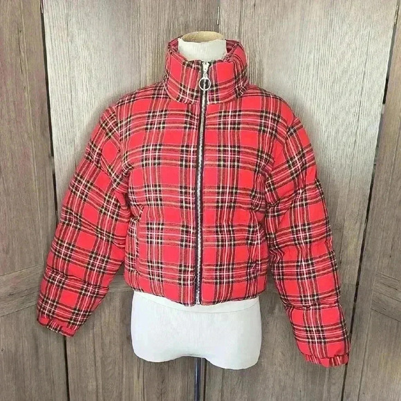 Red Plaid Puffer Women Jacket - Picture 1 of 14